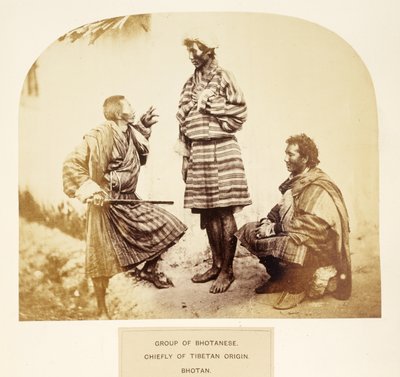 Group of Bhotanese, chiefly or Tibetan origin, Bhotan, from The People of India, by J. Forbes Watson, published 1868 by English Photographer